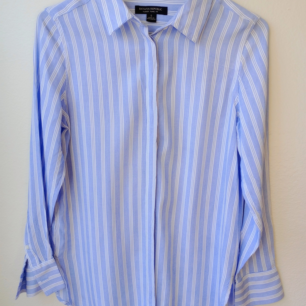 Banana Republic Light Blue and White Striped Blouse
